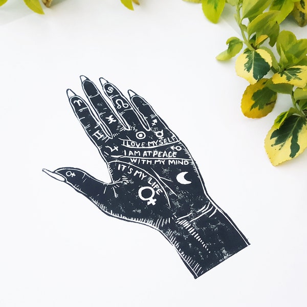 Handmade Palm Reading LinoCut Print, LinoCut Print, Handmade Lino print, Original lino print, Positivity LinoCut, Handprinted, Black & white