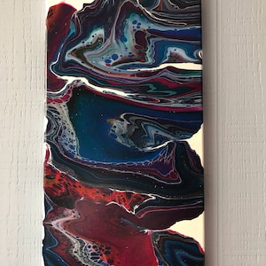 Acrylic pour painting, fluid art, orange, blue, white, red, purple, abstract art, 10x20 inches