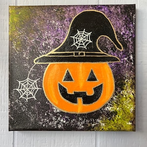 Pumpkin Halloween painting, witch hat, spiderwebs, handmade