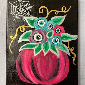 Pumpkin Halloween painting, Spiderweb, flowers, spooky