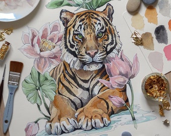 STAMPA edizione limitata "Tigre e fiori di loto", stampa giclée, illustrazione, arte animale, wall art, pittura acquerello, disegno a china