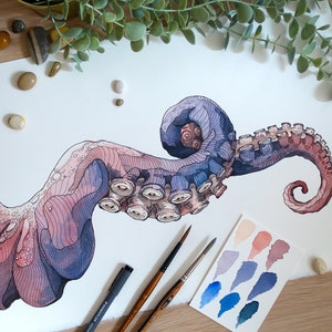 STAMPA edizione limitata "Tentacolo 08", polpo, Stampa giclée, home decor, illustrazione, arte animale, wall art, pittura ad acquerello
