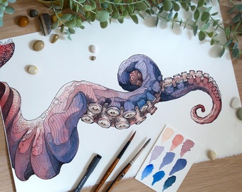 PRINT limited edition "Tentacle 08", octopus, giclée print, fine art, home decor, wall art, animal art, sea illustration, watercolor, gift