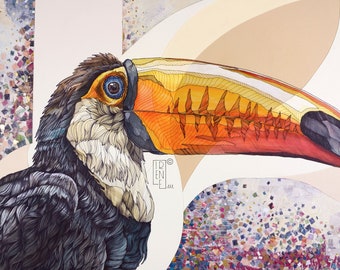 ORIGINAL ARTWORK Toucan , animal art, exotic bird, paper collage, watercolor, ink drawing and golden leaf on wooden board, animal art