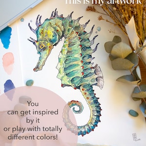 May include: A detailed watercolor painting of a seahorse with a green, blue, and yellow color scheme. The seahorse is depicted with a curled tail and a spiky crest. The text "This is my artwork" is written at the top of the image.