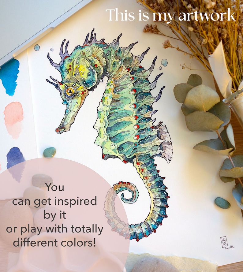 May include: A detailed watercolor painting of a seahorse with a green, blue, and yellow color scheme. The seahorse is depicted with a curled tail and a spiky crest. The text "This is my artwork" is written at the top of the image.