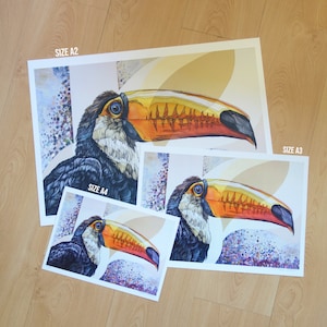 STAMPA edizione limitata Tucano, uccello esotico , stampa d'arte giclée, home decor, illustrazione, pittura ad acquerello, arte animale A3 29,7 x 42 cm