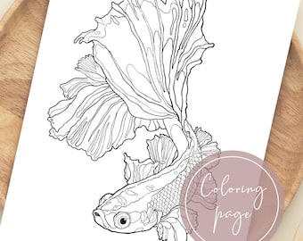 COLORING PAGE Green betta fish , downloadable digital file, illustration to be colored, animal art, sea art, ink drawing, gift, art for kids