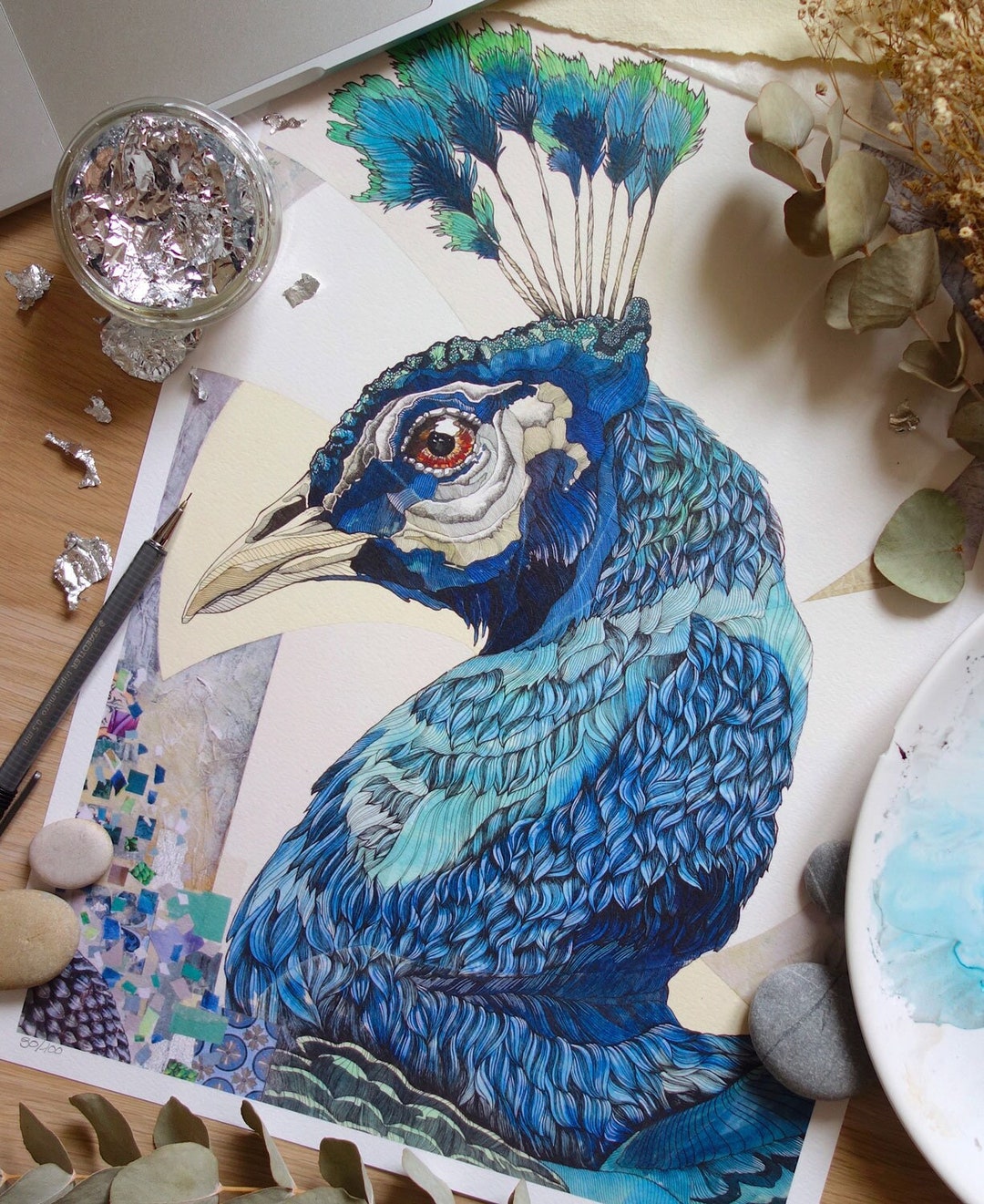 限定版プリント「孔雀」、ジクレー版画、青い羽根、室内装飾、イラスト
