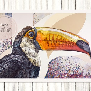 PRINT limited edition Toucan , tropical bird, Giclée print, fine art, home decor, art, gift, watercolor and ink drawing, animal portrait image 1