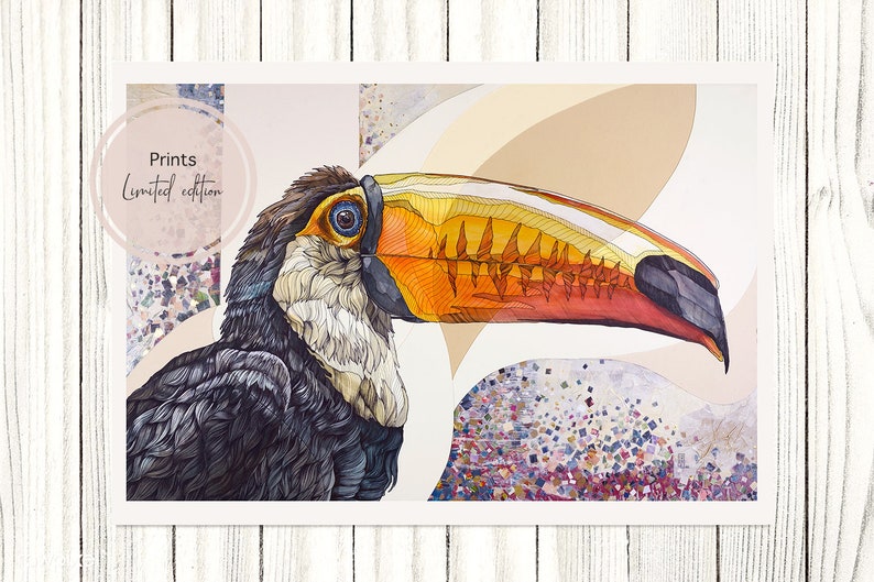 PRINT limited edition Toucan , tropical bird, Giclée print, fine art, home decor, art, gift, watercolor and ink drawing, animal portrait image 1