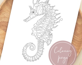 COLORING PAGE Seahorse , downloadable digital file, illustration to be colored, animal art, sea art, ink drawing, gift, art for kids
