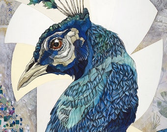 ORIGINAL ARTWORK "Peacock" , animal art, collage, watercolor painting and ink drawing, blue bird, wall art, animal portrait, illustration