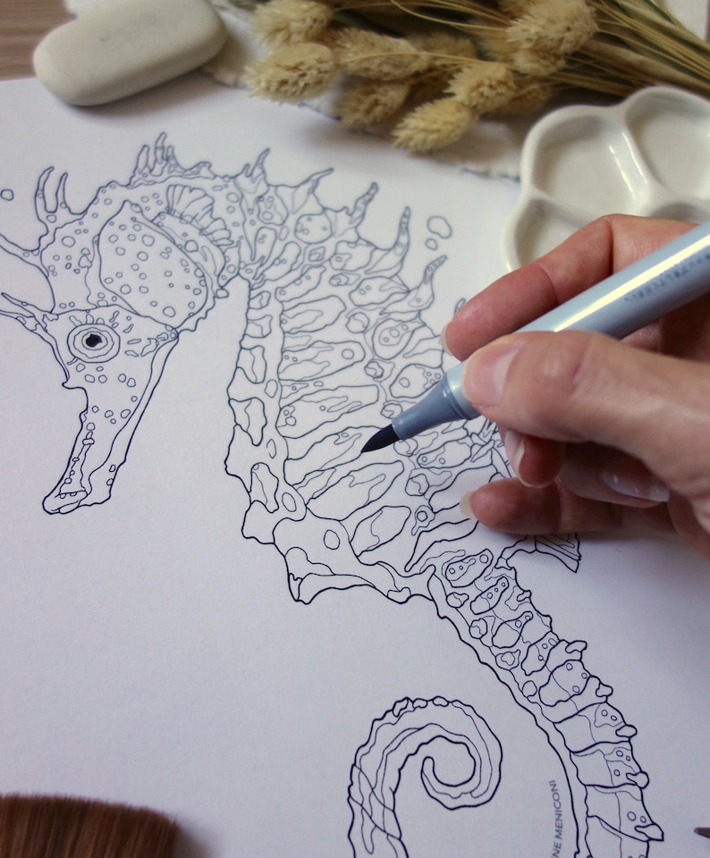 May include: A black and white line drawing of a seahorse on white paper. A hand is holding a gray marker and coloring in the seahorse.