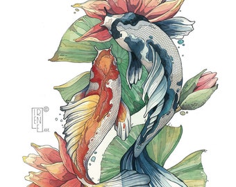 STAMPA edizione limitata "carpe koi e ninfee", pesci e fiori, Stampa giclée, illustrazione, arte animale, wall art, acquerello, disegno