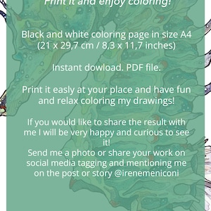 May include: A green and white printable coloring page featuring a seahorse design. The page is sized for standard A4 paper, which is 8.3 inches by 11.7 inches. The text on the page reads "Downloadable coloring page", "Print it and enjoy coloring!" and "Instant download. PDF file."