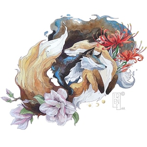 STAMPA edizione limitata "Ren'Art", volpi e fiori, stampa giclée, illustrazione, arte animale, wall art, acquerello, disegno a china, regalo