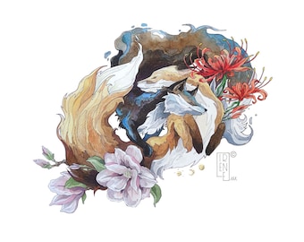 PRINT Limited Edition Ren'Art, foxes and flowers, Giclée print, fine art, nature illustration, home decor, wall art, watercolor, ink drawing