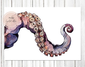 IMPRESIÓN DE EDICIÓN LIMITADA, "Tentacle", pulpo, impresión giclée, decoración de interiores, ilustración, pintura en acuarela, arte animal