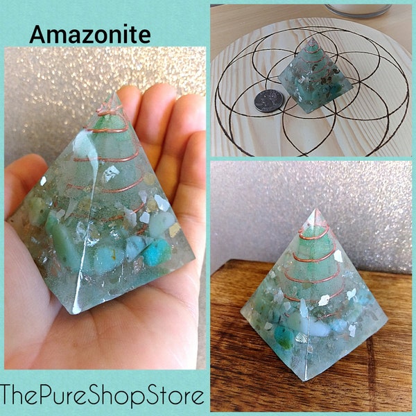 Large 50mm by 50mm amazonite and quartz orgone pyramid