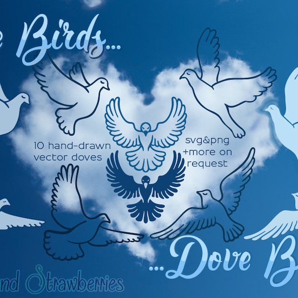 Flying Dove Birds 10 SVG designs handdrawn elements. solid and outline versions, wedding, peace, love, memorial, vector, cricut, silhouette