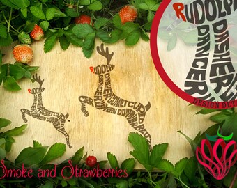 Hand lettered reindeer names shaped typography SVG design wordart dasher dancer prancer vixen comet cupid donner blitzen cutting vector