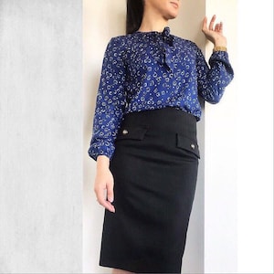 Black pencil skirt/ High waisted pencil skirt/ Black midi skirt/ Skirt with buttons in front/ Knee length skirt/ Classic skirt
