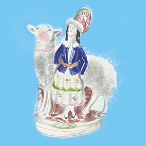 May include: A ceramic figurine featuring a person standing beside a white sheep. The person wears a blue jacket, a white skirt with floral patterns, and a tall hat with colourful feathers. The sheep has a textured coat and a pink collar.