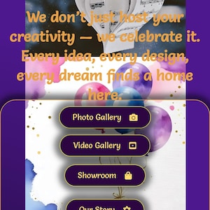 Puede incluir: Interfaz de sitio web móvil con un diseño púrpura y blanco. El texto dice: "No solo alojamos tu creatividad, sino que la celebramos. Cada idea, cada diseño, cada sueño encuentra un hogar aquí". Los botones incluyen Galería de fotos y Galería de videos.