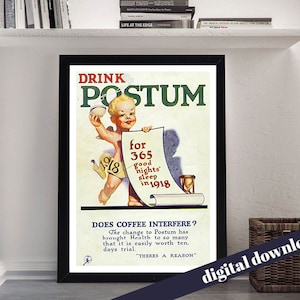 DRINK POSTUM Coffee Alternative Vintage Poster - Digital Printable Download - Mid-Century, Retro, Vintage, Coffee, Food, Drink
