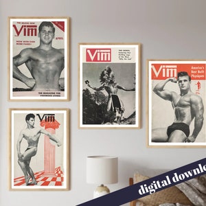 以下が含まれることがあります： 男性の体格とフィットネスを特集した、ヴィンテージな雑誌の表紙が4つ。表紙はすべて白黒で、「Vim」という単語が赤色で書かれています。