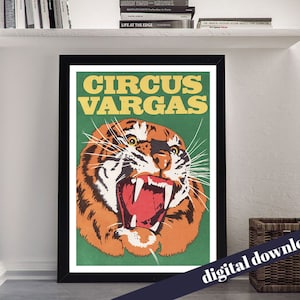 Circus Vargas Vintage Circus Tiger Poster - Digital Printable A3 Download - Retro, Mid-Century, Vintage, Americana, American, Tiger