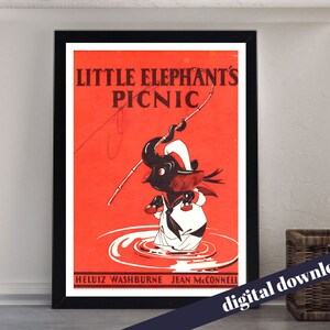 Little Elephants Picnic Vintage Book Cover Illustration Poster   - Printable Download - Children, Kids, Illustration, Baby