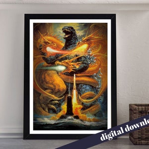 Retro GODZILLA Vs King Ghidora Tokusatsu Kaiju Movie Poster - Digital Printable A3 Download - Retro, Vintage, Mid-C, Japanese, Cinema