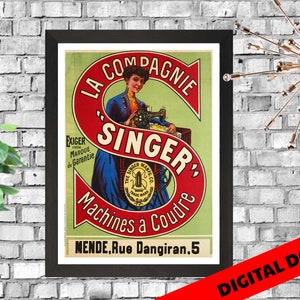 Cartel publicitario de máquina de coser Vintage Singer - Descarga imprimible digital - Diseño vintage