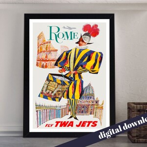 ROMA Fly Rome TWA Vintage Fluggesellschaft Europa Italien Reise Poster - Digital druckbare A3 Download - Mid-Century, Vintage, Retro, Werbung