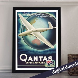 Vintage QANTAS Empire Airways Poster - Digital Printable A3 Download - Retro, Airline, Australia, Commonwealth, Britain