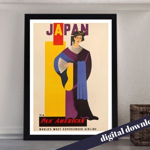 JAPAN via Pan American World Airways Vintage Poster - Digital Download - Vintage Travel, Retro, Airline, America, PanAm