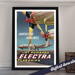 American Airlines Jet Powered ELECTRA Flagships Vintage Airline Travel Poster  - Digital Printable A3 Download - Retro, Vintage, Flight