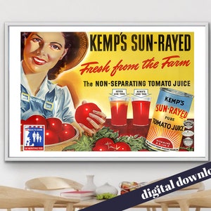 Kemps Sonnenstrahlen Tomatensaft Vintage Produzieren Poster - Digital druckbare A3 Download - Retro, Mid-Century, Mid-C, Obst, Gemüse, Amerika