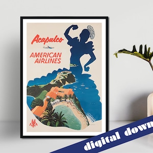 Acapulco with American Airlines Vintage Travel Poster - Digital Printable A3 Download - Retro, Vintage, Golden Age, Flight, AA