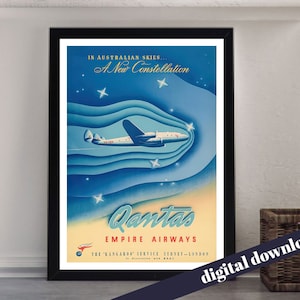 Vintage QANTAS Empire Airways Kangaroo Service Poster - Descarga digital imprimible A3 - Retro, Aerolínea, Australia, Commonwealth, Gran Bretaña