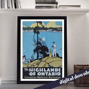 Vintage Highlands of Ontario  Canadian National Railway Travel Poster - Digital Printable Download - Mid-Century, Retro, Vintage