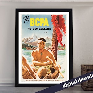Fly BCPA To New Zealand British Commonwealth Pacific Airlines Poster - Digital Printable A3 Download - Retro, Airline, Australia