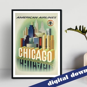 CHICAGO American Airlines Vintage Travel Poster - Digital Printable A3 Download - Retro, Travel, America