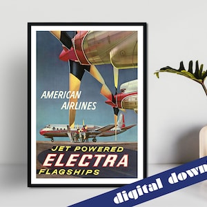 AMERICAN AIRLINES Jet Powered Electra Flagship Vintage Travel Poster - Digital Printable A3 Download - Retro, Travel, America