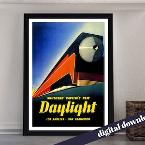 Southern Pacific Daylight Train Los Angeles San Francisco Travel Poster - Digital Printable A3 Download - Mid-Century, Vintage, Retro, Rail