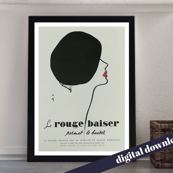 Le Rouge Baiser Permet le Baiser Parisienne Lipstick - A3 Downloadable Art Print - Vintage, Retro, Paris, France, French