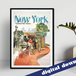 NEW YORK United Airlines Vintage Travel Poster - Digital Printable A3 Download - Retro, Travel, America