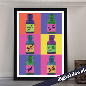 Rush Pop Art Style Popper Colour Collage - Digital Printable A3 Download - Warhol, Artpop, Pop Art, Colourful, LGBT, Queer, Gay